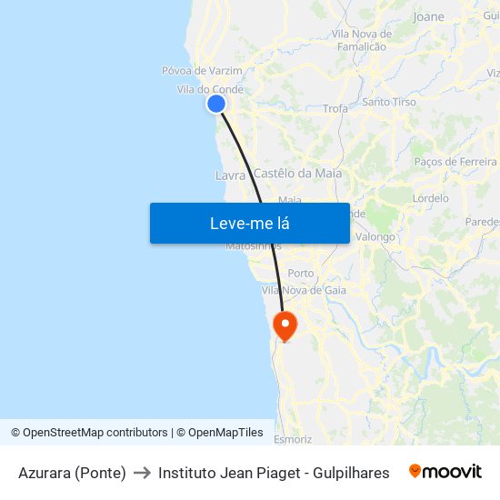 Azurara (Ponte) to Instituto Jean Piaget - Gulpilhares map