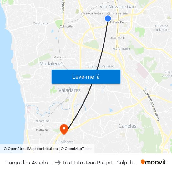 Largo dos Aviadores to Instituto Jean Piaget - Gulpilhares map
