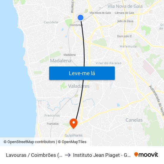 Lavouras / Coimbrões (Rotunda) to Instituto Jean Piaget - Gulpilhares map