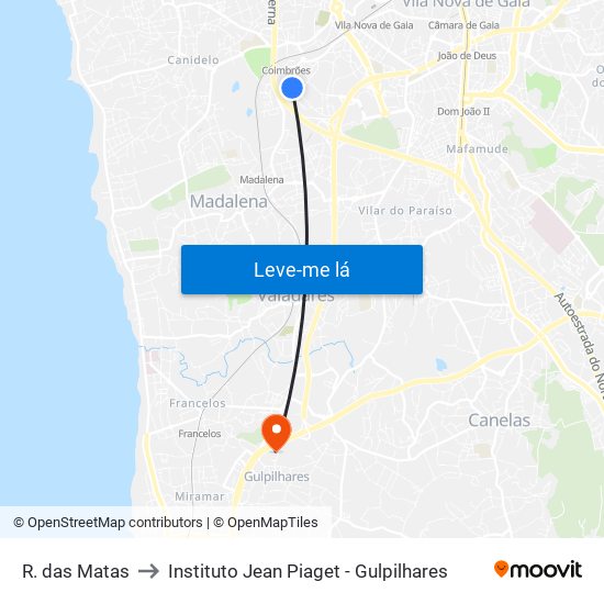 R. das Matas to Instituto Jean Piaget - Gulpilhares map