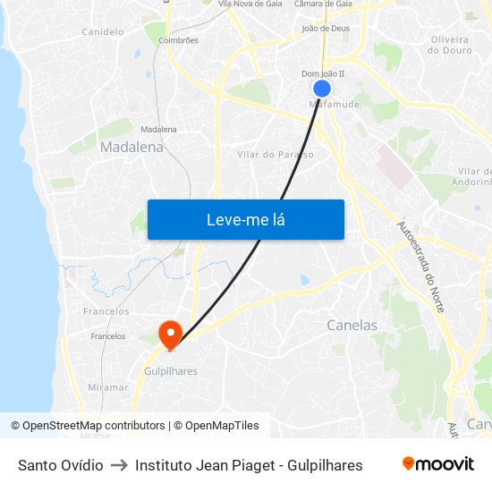 Santo Ovídio to Instituto Jean Piaget - Gulpilhares map