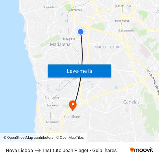 Nova Lisboa to Instituto Jean Piaget - Gulpilhares map