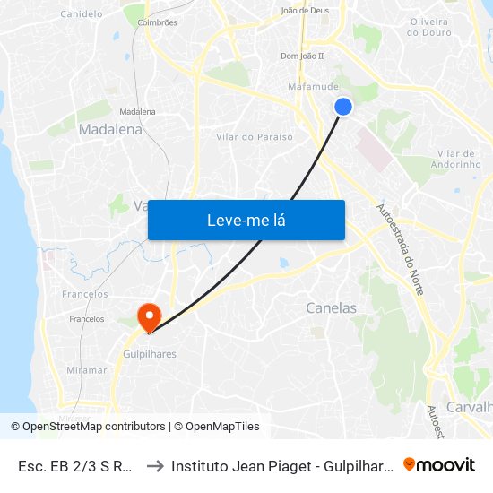 Esc. EB 2/3 S Reis to Instituto Jean Piaget - Gulpilhares map