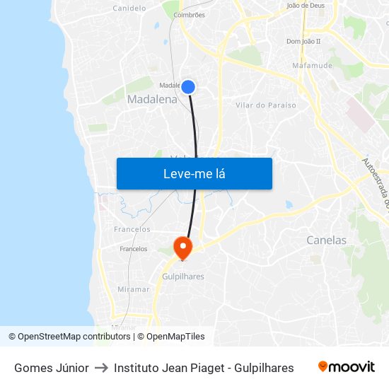 Gomes Júnior to Instituto Jean Piaget - Gulpilhares map