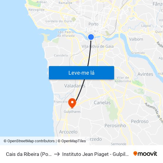 Cais da Ribeira (Porto) to Instituto Jean Piaget - Gulpilhares map