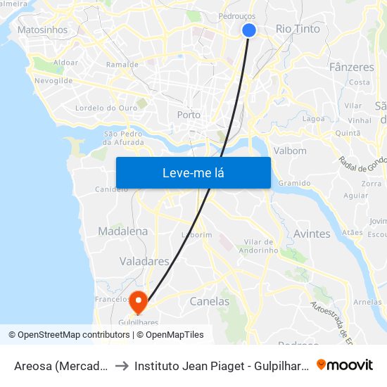 Areosa (Mercado) to Instituto Jean Piaget - Gulpilhares map