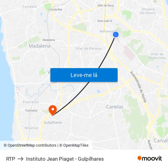 RTP to Instituto Jean Piaget - Gulpilhares map