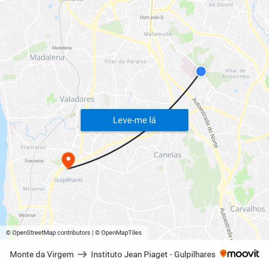 Monte da Virgem to Instituto Jean Piaget - Gulpilhares map