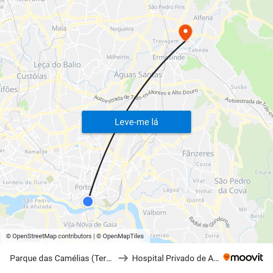 Parque das Camélias (Terminal) to Hospital Privado de Alfena map