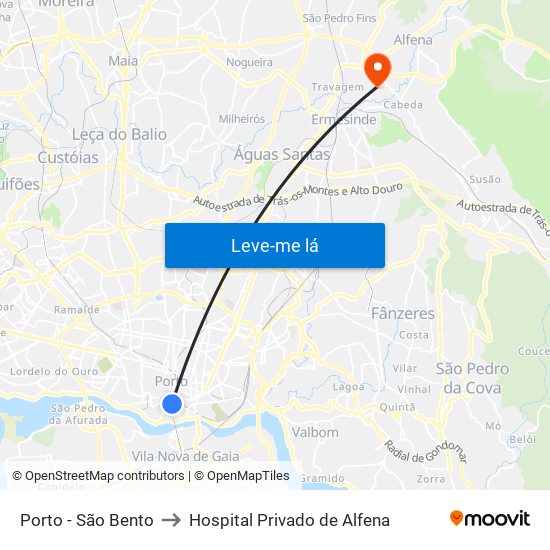 Porto - São Bento to Hospital Privado de Alfena map