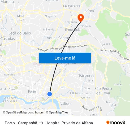 Porto - Campanhã to Hospital Privado de Alfena map