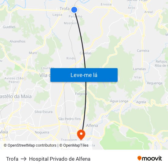 Trofa to Hospital Privado de Alfena map