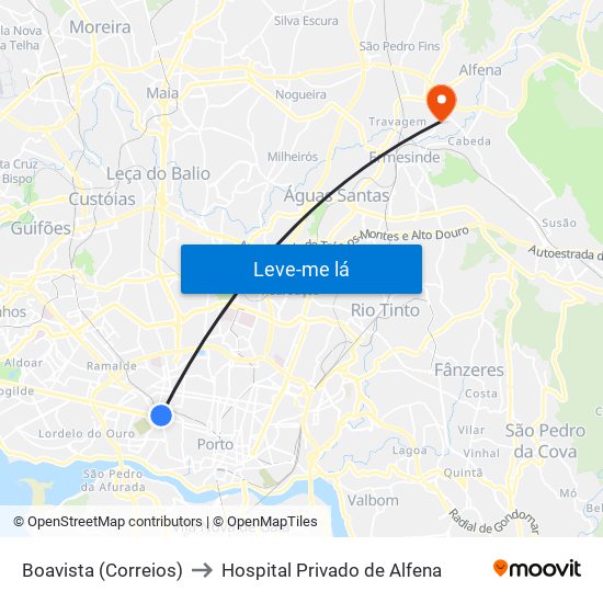 Boavista (Correios) to Hospital Privado de Alfena map