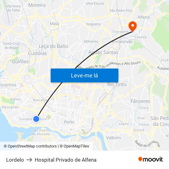 Lordelo to Hospital Privado de Alfena map