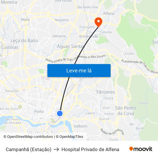 Campanhã (Estação) to Hospital Privado de Alfena map