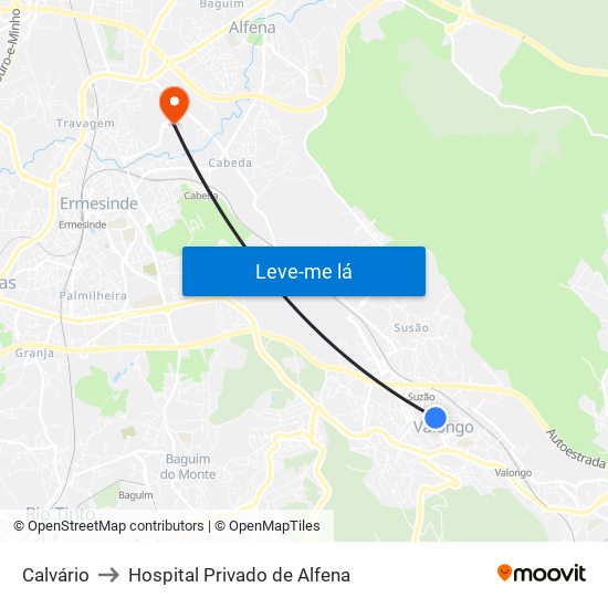 Calvário to Hospital Privado de Alfena map