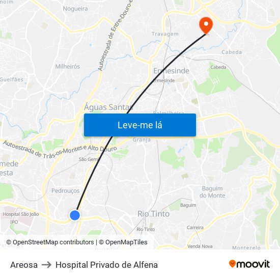 Areosa to Hospital Privado de Alfena map