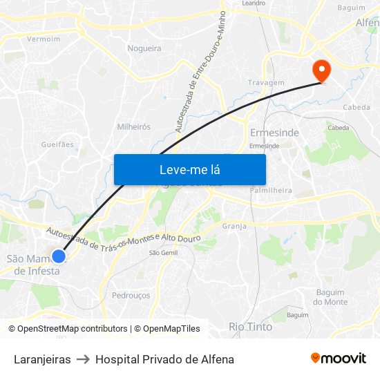 Laranjeiras to Hospital Privado de Alfena map