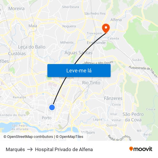 Marquês to Hospital Privado de Alfena map