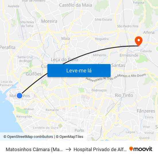 Matosinhos Câmara (Matc1) to Hospital Privado de Alfena map