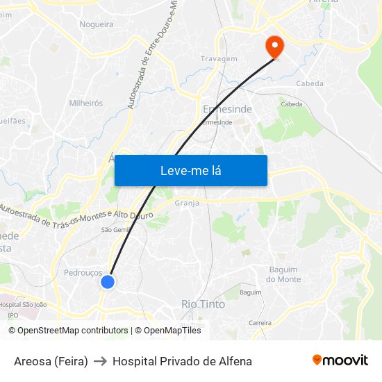 Areosa (Feira) to Hospital Privado de Alfena map