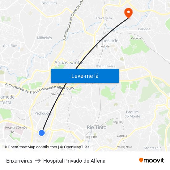 Enxurreiras to Hospital Privado de Alfena map