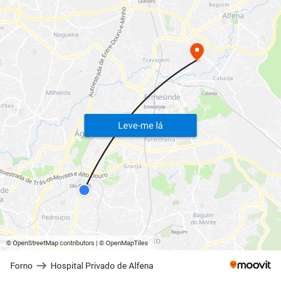 Forno to Hospital Privado de Alfena map