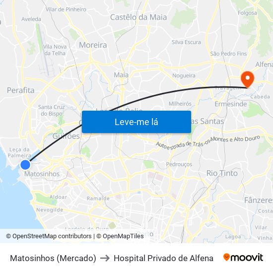 Matosinhos (Mercado) to Hospital Privado de Alfena map