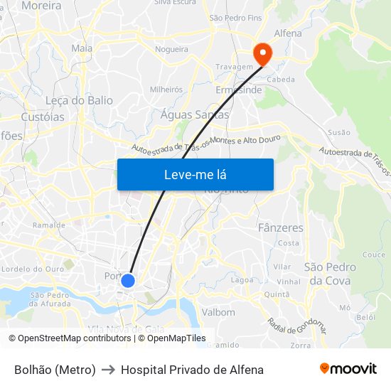 Bolhão (Metro) to Hospital Privado de Alfena map