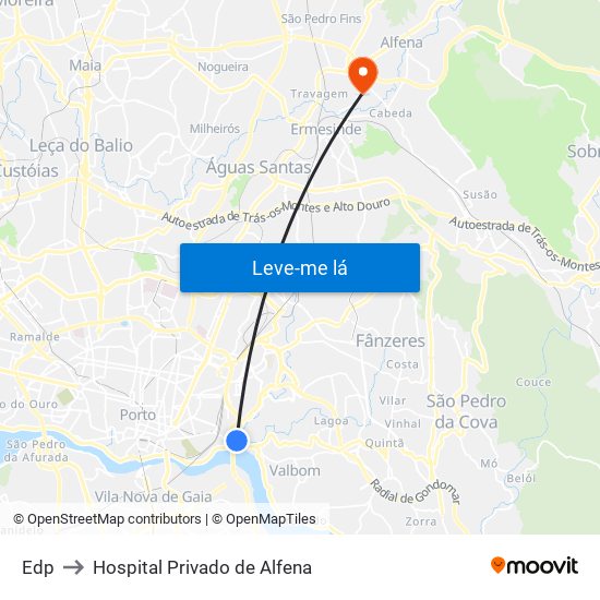 Edp to Hospital Privado de Alfena map