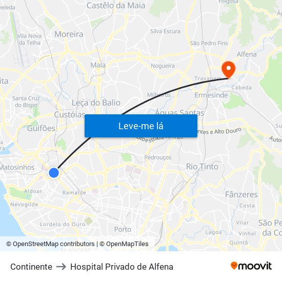 Continente to Hospital Privado de Alfena map