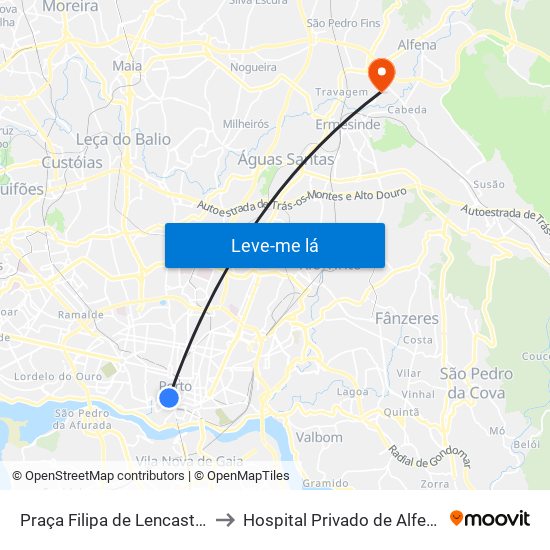 Praça Filipa de Lencastre to Hospital Privado de Alfena map