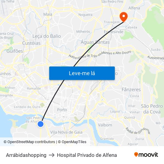 Arrábidashopping to Hospital Privado de Alfena map