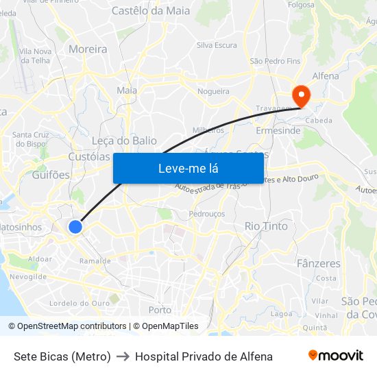Sete Bicas (Metro) to Hospital Privado de Alfena map