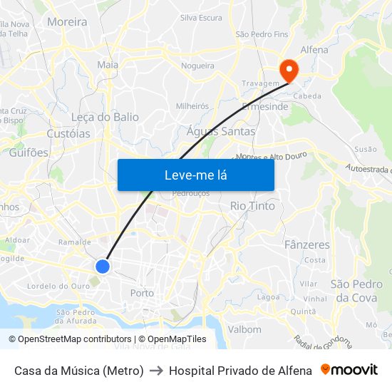 Casa da Música (Metro) to Hospital Privado de Alfena map