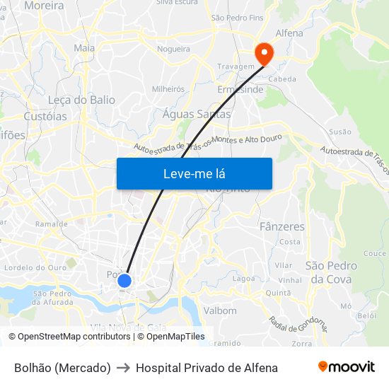 Bolhão (Mercado) to Hospital Privado de Alfena map