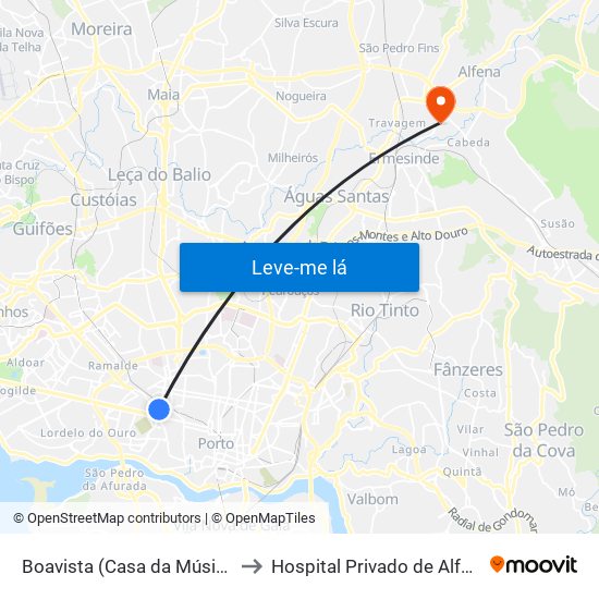 Boavista (Casa da Música) to Hospital Privado de Alfena map