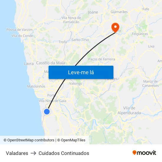 Valadares to Cuidados Continuados map