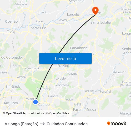 Valongo (Estação) to Cuidados Continuados map