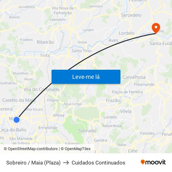 Sobreiro / Maia (Plaza) to Cuidados Continuados map