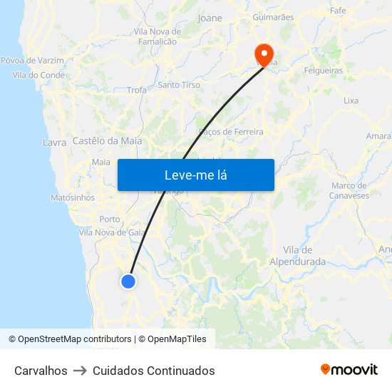 Carvalhos to Cuidados Continuados map