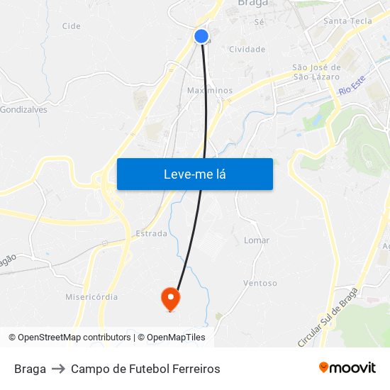Braga to Campo de Futebol Ferreiros map