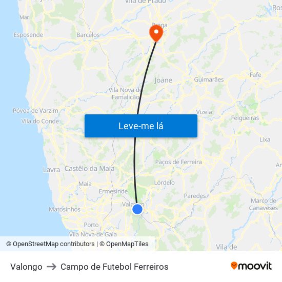 Valongo to Campo de Futebol Ferreiros map