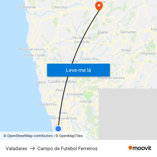 Valadares to Campo de Futebol Ferreiros map