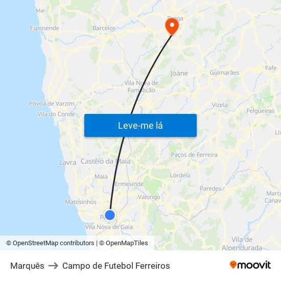 Marquês to Campo de Futebol Ferreiros map