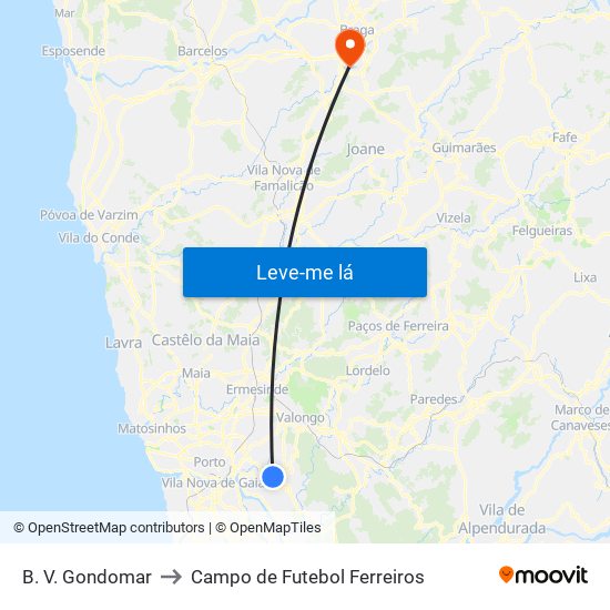 B. V. Gondomar to Campo de Futebol Ferreiros map