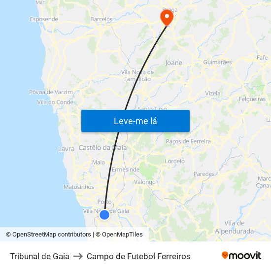 Tribunal de Gaia to Campo de Futebol Ferreiros map