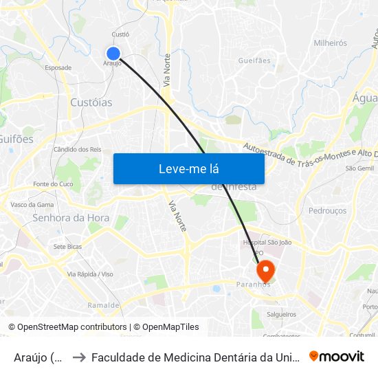 Araújo (Metro) to Faculdade de Medicina Dentária da Universidade do Porto map
