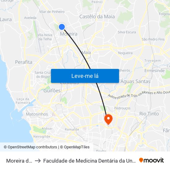 Moreira da Maia to Faculdade de Medicina Dentária da Universidade do Porto map