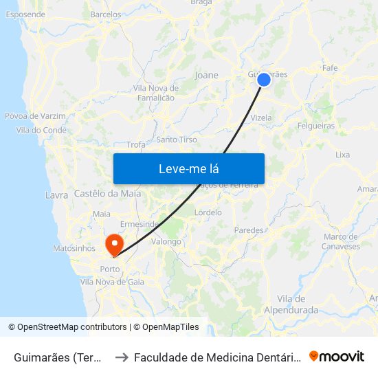 Guimarães (Terminal Rodoviário) to Faculdade de Medicina Dentária da Universidade do Porto map